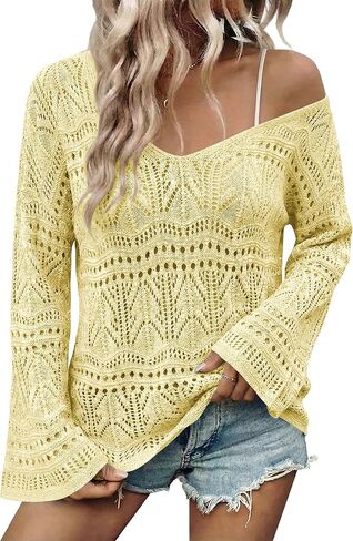 Cakulo Womens Spring Summer Crochet Bell Sleeve Tops Off The Shoulder Knit Sweater Top Beach Cover Up in Kuwait