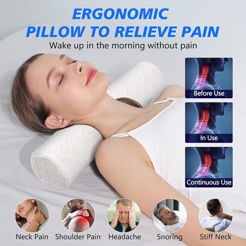 Cozyhealth Cervical Roll Pillow, Medium Soft Memory Foam Neck Round Pillow Cylinder Bolster Pillow for Sleeping, Round Neck Support for Bed, Legs, Back and Yoga (White, Medium - 3.9" H) in Kuwait