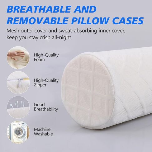Cozyhealth Cervical Roll Pillow, Medium Soft Memory Foam Neck Round Pillow Cylinder Bolster Pillow for Sleeping, Round Neck Support for Bed, Legs, Back and Yoga (White, Medium - 3.9" H) in Kuwait
