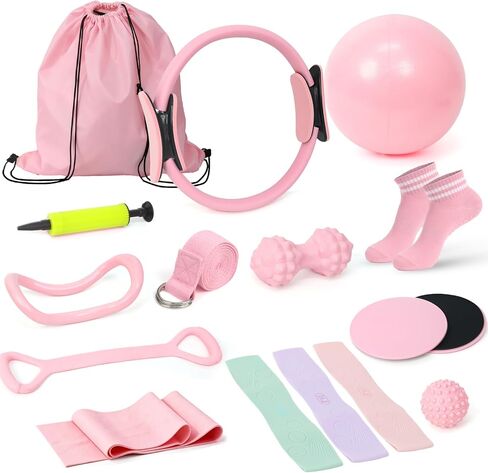 مجموعة معدات البيلاتيس للتمرينات المنزلية، مجموعة أساسيات البيلاتيس المنزلية للنساء مع حلقة بيلاتيس ومجموعة كرات، وأشرطة مقاومة، وحزام يوغا، ومزلجات أساسية، وكرة تدليك، وإكسسوارات جوارب للمبتدئين in Kuwait