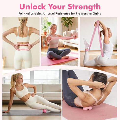 مجموعة معدات البيلاتيس للتمرينات المنزلية، مجموعة أساسيات البيلاتيس المنزلية للنساء مع حلقة بيلاتيس ومجموعة كرات، وأشرطة مقاومة، وحزام يوغا، ومزلجات أساسية، وكرة تدليك، وإكسسوارات جوارب للمبتدئين in Kuwait