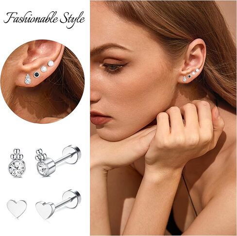 ADRAMATA Tiny Gold Flat Back Earrings for Cartilage Surgical Steel Stud Hoop Earrings Set for Multiple Piercing Star Moon Snake Butterfly CZ Chain Dangle Emerald Green Earrings Helix Piercing Jewelry Hypoallergenic 20G in Kuwait