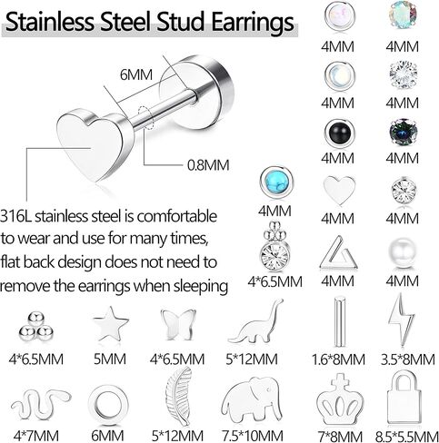 ADRAMATA Tiny Gold Flat Back Earrings for Cartilage Surgical Steel Stud Hoop Earrings Set for Multiple Piercing Star Moon Snake Butterfly CZ Chain Dangle Emerald Green Earrings Helix Piercing Jewelry Hypoallergenic 20G in Kuwait