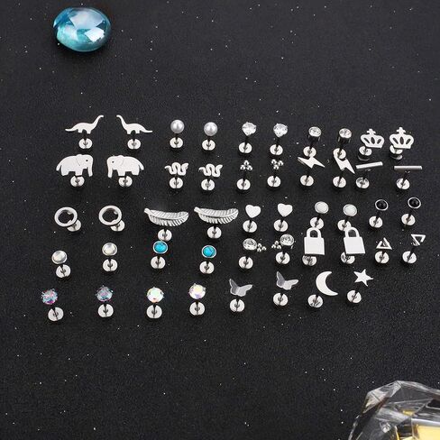 ADRAMATA Tiny Gold Flat Back Earrings for Cartilage Surgical Steel Stud Hoop Earrings Set for Multiple Piercing Star Moon Snake Butterfly CZ Chain Dangle Emerald Green Earrings Helix Piercing Jewelry Hypoallergenic 20G in Kuwait