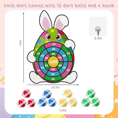 YQUQWN Easter Dart Board Game Set, 30" Bunny Dart Board with 12 Sticky Balls, Basket Stuffers, Easter Eggs Filled Gifts for Boys Girls, Outdoor Indoor Kids Toys Easter Supplies Decorations in Saudi Arabia