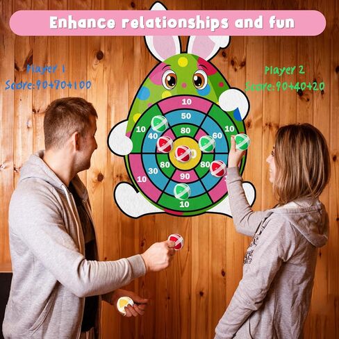 YQUQWN Easter Dart Board Game Set, 30" Bunny Dart Board with 12 Sticky Balls, Basket Stuffers, Easter Eggs Filled Gifts for Boys Girls, Outdoor Indoor Kids Toys Easter Supplies Decorations in Saudi Arabia