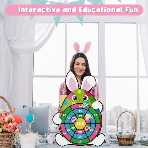 YQUQWN Easter Dart Board Game Set, 30" Bunny Dart Board with 12 Sticky Balls, Basket Stuffers, Easter Eggs Filled Gifts for Boys Girls, Outdoor Indoor Kids Toys Easter Supplies Decorations in Saudi Arabia