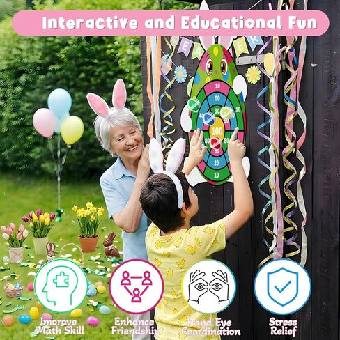 YQUQWN Easter Dart Board Game Set, 30" Bunny Dart Board with 12 Sticky Balls, Basket Stuffers, Easter Eggs Filled Gifts for Boys Girls, Outdoor Indoor Kids Toys Easter Supplies Decorations in Saudi Arabia