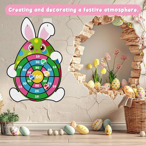 YQUQWN Easter Dart Board Game Set, 30" Bunny Dart Board with 12 Sticky Balls, Basket Stuffers, Easter Eggs Filled Gifts for Boys Girls, Outdoor Indoor Kids Toys Easter Supplies Decorations in Saudi Arabia