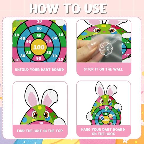 YQUQWN Easter Dart Board Game Set, 30" Bunny Dart Board with 12 Sticky Balls, Basket Stuffers, Easter Eggs Filled Gifts for Boys Girls, Outdoor Indoor Kids Toys Easter Supplies Decorations in Saudi Arabia