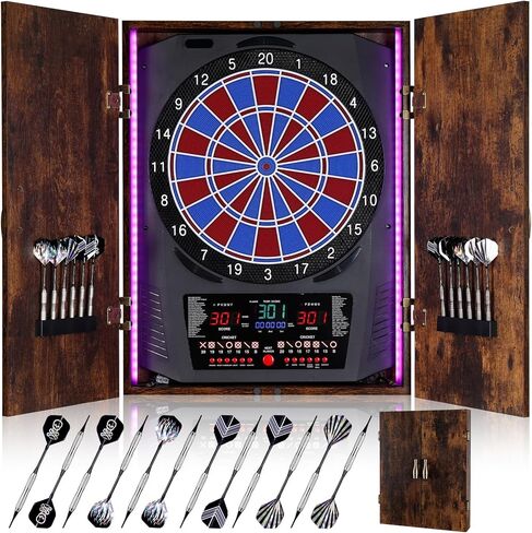 لوح رمي السهام الإلكتروني، لوح رمي السهام الكهربائي للبالغين [12*سهام ذات أطراف ناعمة برونزية] 8 ألوان LED لـ 8 لاعبين - خزانة لوحة رمي السهام الريفية للمنزل والبار in Kuwait