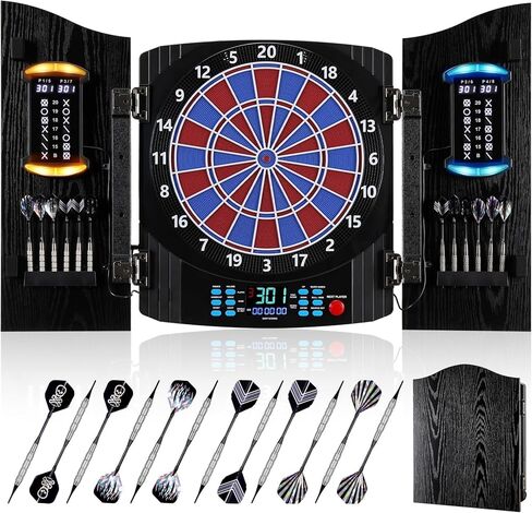 لوح رمي السهام الإلكتروني، مجموعة خزانة لوح رمي السهام الكهربائية للبالغين [12 سهمًا برأس ناعم] لون خفيف فردي لكل لاعب - خزانة خشبية للعبة العائلة in Kuwait