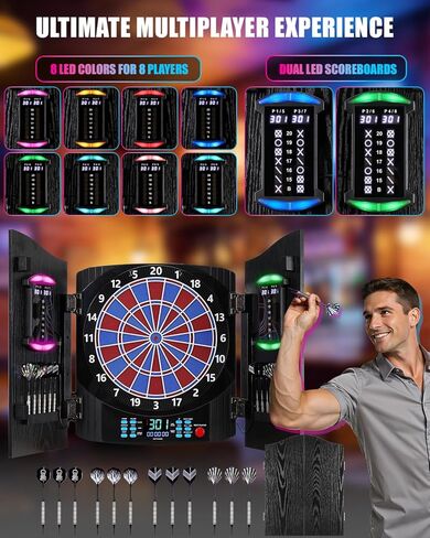 لوح رمي السهام الإلكتروني، مجموعة خزانة لوح رمي السهام الكهربائية للبالغين [12 سهمًا برأس ناعم] لون خفيف فردي لكل لاعب - خزانة خشبية للعبة العائلة in Kuwait