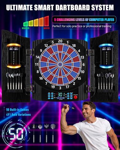 لوح رمي السهام الإلكتروني، مجموعة خزانة لوح رمي السهام الكهربائية للبالغين [12 سهمًا برأس ناعم] لون خفيف فردي لكل لاعب - خزانة خشبية للعبة العائلة in Kuwait