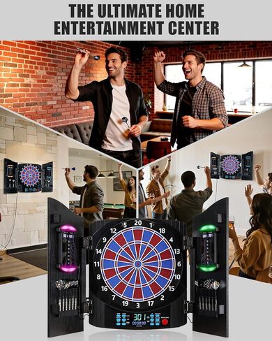 لوح رمي السهام الإلكتروني، مجموعة خزانة لوح رمي السهام الكهربائية للبالغين [12 سهمًا برأس ناعم] لون خفيف فردي لكل لاعب - خزانة خشبية للعبة العائلة in Kuwait