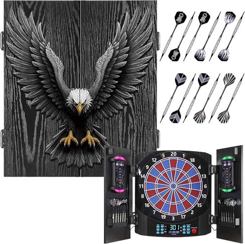 لوح رمي السهام الإلكتروني، مجموعة خزانة لوح رمي السهام الكهربائية للبالغين [12 سهمًا برأس ناعم] لون فاتح فردي لكل لاعب، خزانة خشبية للوحة رمي السهام للعبة العائلة in Kuwait