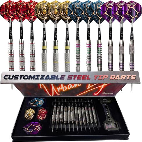 IgnatGames Darts Metal Tip Set - 12 Pack Steel Tip Darts with 32 GlideXPro Flights, Multi-Zone Barrel Grips, 1.4" Aluminum Shafts, Magnetic Gift Box, and Accessories, Urban Legends Edition in Kuwait