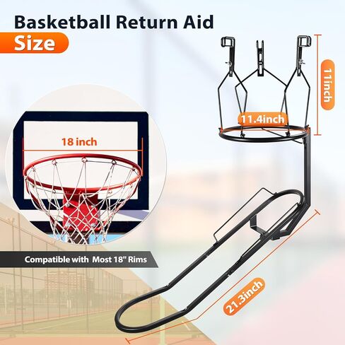 GADFISH كرة السلة Rebounder، ملحق عودة كرة السلة قابل للدوران 180 درجة مع 3 خطافات كبيرة ثابتة، ملحقات كرة سلة شديدة التحمل، مساعدة تدريب على إرجاع الكرة لطوق كرة السلة بحافة 18 بوصة in Saudi Arabia