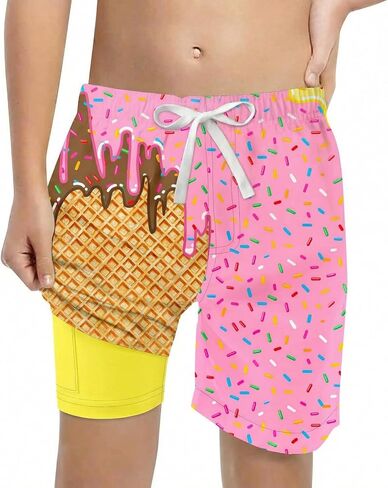 Boys Swim Trunks with Compression Liner Funny Ice Cream Swim Shorts Quick Dry 2 in 1 Beach Board Shorts with Pockets in Kuwait
