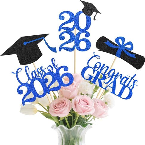 زخارف التخرج الزرقاء 2025 ، 20pcs فئة من 2025 التخرج المركزية للجداول ، القطع المركزية طاولة الدراسات على الوجهين مع العصي ، لوازم زخرفة الحفلات (Black & Blue) in Kuwait
