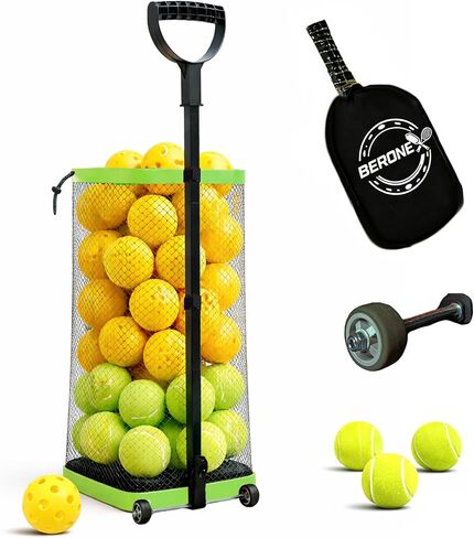 Rolling Tennis Ball Hopper & Picker Basket with Wheels, Holds 50+ Tennis Balls or 40+ Pickleballs, Lightweight Retriever Collector, Durable Easy Pick Up Ball Collector with Paddle Bag, Upgraded in Kuwait