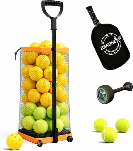 Rolling Tennis Ball Hopper & Picker Basket with Wheels, Holds 50+ Tennis Balls or 40+ Pickleballs, Lightweight Retriever Collector, Durable Easy Pick Up Ball Collector with Paddle Bag, Upgraded in Saudi Arabia