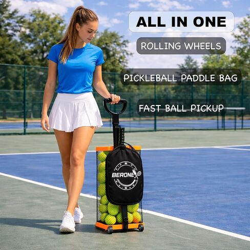 Rolling Tennis Ball Hopper & Picker Basket with Wheels, Holds 50+ Tennis Balls or 40+ Pickleballs, Lightweight Retriever Collector, Durable Easy Pick Up Ball Collector with Paddle Bag, Upgraded in Saudi Arabia