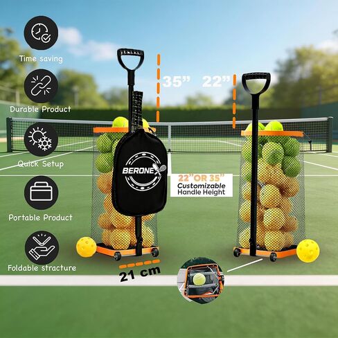 Rolling Tennis Ball Hopper & Picker Basket with Wheels, Holds 50+ Tennis Balls or 40+ Pickleballs, Lightweight Retriever Collector, Durable Easy Pick Up Ball Collector with Paddle Bag, Upgraded in Saudi Arabia