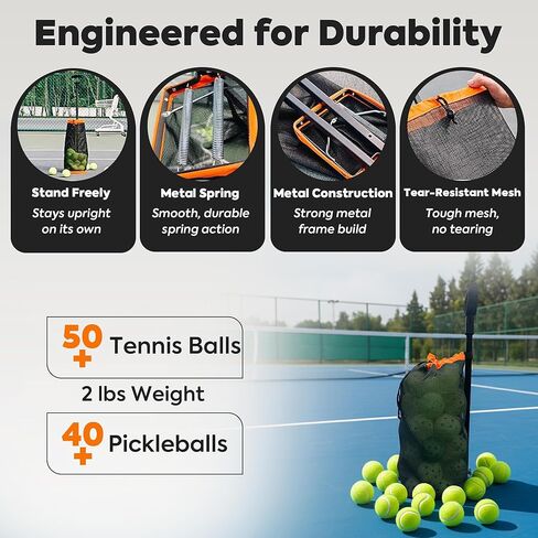 Rolling Tennis Ball Hopper & Picker Basket with Wheels, Holds 50+ Tennis Balls or 40+ Pickleballs, Lightweight Retriever Collector, Durable Easy Pick Up Ball Collector with Paddle Bag, Upgraded in Saudi Arabia