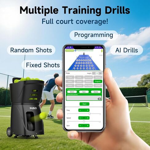 Tennis Ball Machine, Tennis Ball Launcher with App/Remote/iWatch Control, Max Speed of 75Mph, 1.8-8s/Ball, Multiple Training Modes(AI Drill/Programming/Random/Vary Speed) 4-6Hrs Battery Life in Saudi Arabia