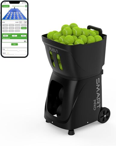 آلة كرة التنس الرئيسية PUSUN｜PT-MAX C: التحكم في التطبيقات، 12 مثقاب، التذبذب الداخلي، 87 ميلاً في الساعة، دوران 6 مستويات، 28 نقطة، بطارية 6-8 ساعات، محمولة 39.6 رطل، للتنس/البادل، التدريب، الممارسة، المبتدئين، المحترفين in Saudi Arabia