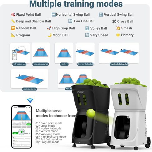 آلة كرة التنس الرئيسية PUSUN｜PT-MAX C: التحكم في التطبيقات، 12 مثقاب، التذبذب الداخلي، 87 ميلاً في الساعة، دوران 6 مستويات، 28 نقطة، بطارية 6-8 ساعات، محمولة 39.6 رطل، للتنس/البادل، التدريب، الممارسة، المبتدئين، المحترفين in Saudi Arabia