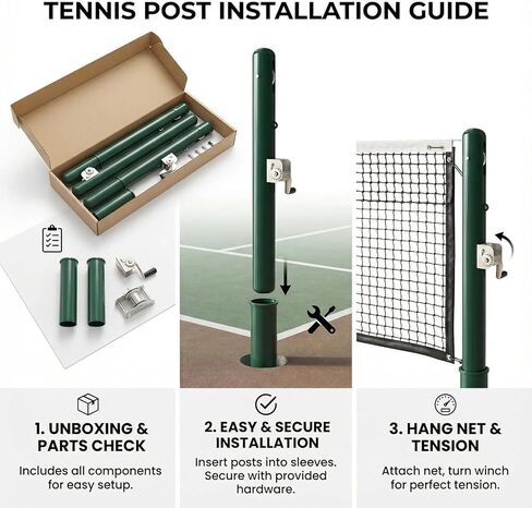 Permanent Tennis Net Posts - 42" ITF Regulation Heavy Duty Steel Poles with Ground Sleeves, Wimbledon Green Rust-Resistant Finish | Complete Fixed Post Kit for Backyard, School & Stadium Court Install in Kuwait