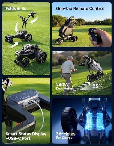 KEMIMOTO ApexR Electric Golf Cart with Power Assist Mode, 492FT Remote Control, Dual 240W Motor 36 Hole Battery, IPX5 Water Resistant Compact Folding Golf Caddy w/ USB-C, Drink & Umbrella Holder in Saudi Arabia