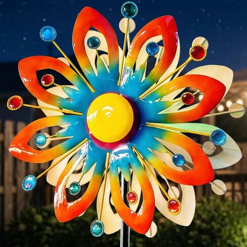 Soalr Wind Spinners -Mandala Wind Sculptures & Spinners Garden Kinetic Art with Solar Powered Multi-Color Glass Ball Light for Yard Garden Backyard Lawn Decorations - Yellow in Saudi Arabia