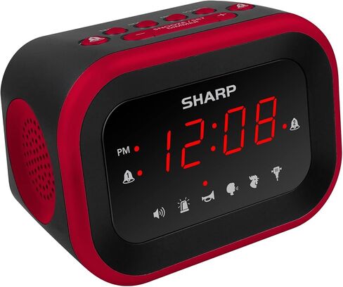 Sharp Big Bang Super Loud Alarm Clock for Heavy Sleepers, 6 Extremely Loud Wake Up Sounds: Rooster, Bugle, Nagging Mom, Jackhammer, Siren, Beep – Up to 115db Volume, Red/Black with Red LED Display in Kuwait