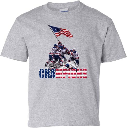 Trenz Shirt Company Kid's Graphic Youth T-Shirt - Hockey Champions 2026 USA Players Raising Flag on Ice in Saudi Arabia