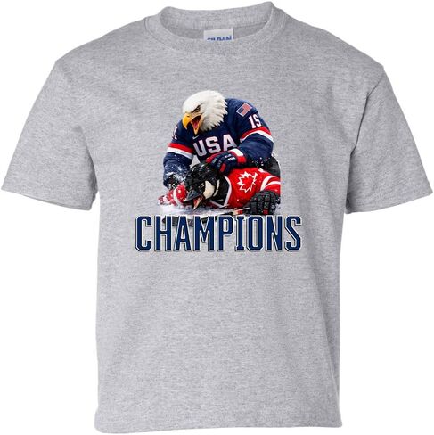 Trenz Shirt Company Kid's Graphic Youth T-Shirt - Hockey Eagle Dominates Canada USA 2026 Champions in Saudi Arabia