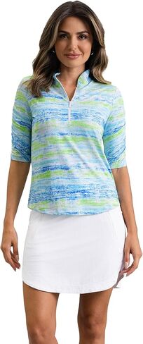 IBKUL Athleisure Wear Sun Protective UPF 50+ Icefil Cooling-Gia Ruched Elbow Sleeve Mandarin Collar Top in Saudi Arabia