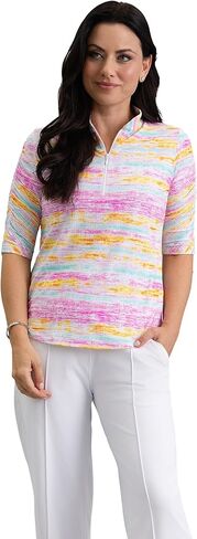 IBKUL Athleisure Wear Sun Protective UPF 50+ Icefil Cooling-Gia Ruched Elbow Sleeve Mandarin Collar Top in Saudi Arabia