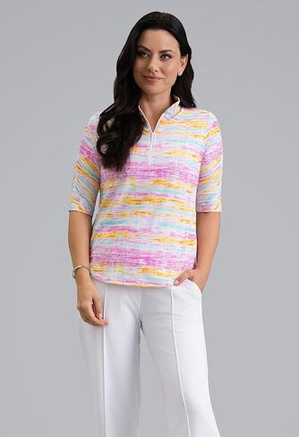 IBKUL Athleisure Wear Sun Protective UPF 50+ Icefil Cooling-Gia Ruched Elbow Sleeve Mandarin Collar Top in Saudi Arabia