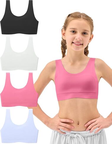 حمالة صدر للفتيات من 7 إلى 12 حمالات صدر للتدريب بدون خياطة للفتيات حمالات صدر رياضية قابلة للتمدد ومريحة - بدون وسادات، صدر مبطن بطبقة مزدوجة in Kuwait