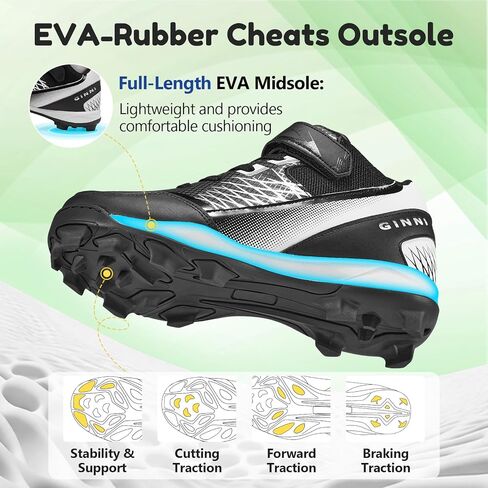 GINNI Little Kids البيسبول البيسبول المرابط للأولاد والبنات، أحذية رياضية خفيفة الوزن في الهواء الطلق، أحذية رياضية مريحة للكاحل باللون الأسود مناسبة للتدريب الرياضي للأولاد والبنات/الأطفال، مقاس 3L in Kuwait