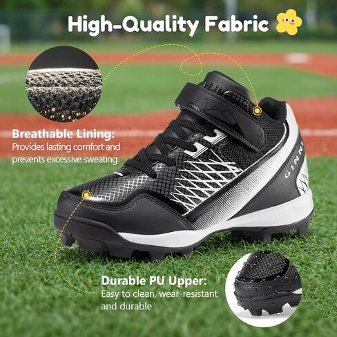 GINNI Little Kids البيسبول البيسبول المرابط للأولاد والبنات، أحذية رياضية خفيفة الوزن في الهواء الطلق، أحذية رياضية مريحة للكاحل باللون الأسود مناسبة للتدريب الرياضي للأولاد والبنات/الأطفال، مقاس 3L in Kuwait