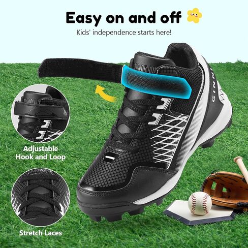 GINNI Little Kids البيسبول البيسبول المرابط للأولاد والبنات، أحذية رياضية خفيفة الوزن في الهواء الطلق، أحذية رياضية مريحة للكاحل باللون الأسود مناسبة للتدريب الرياضي للأولاد والبنات/الأطفال، مقاس 3L in Kuwait