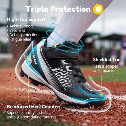 أحذية بيسبول للأطفال الصغار من GINNI للأولاد والبنات، أحذية رياضية خفيفة الوزن في الهواء الطلق، أحذية رياضية مريحة للكاحل باللون الأسود مناسبة للتدريب على الغش للصبي/الفتاة/الأطفال، مقاس 2L in Kuwait