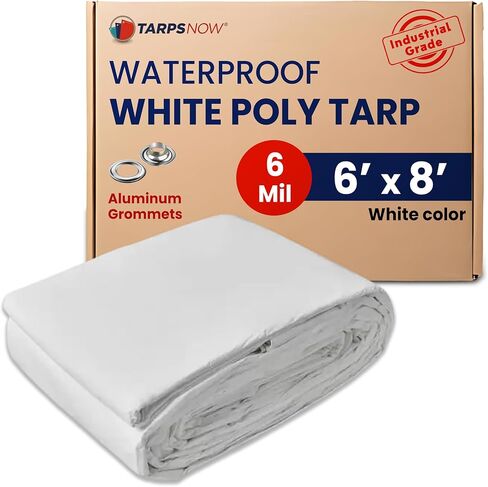 قماش القنب الآن مقاس 30x50 قدم من قماش القنب | غطاء مقاوم للماء شديد التحمل سعة 6 مل | قماش القنب البلاستيكي المقاوم للتمزق والتمزق مع حلقات ألومنيوم مقاومة للصدأ وحواف معززة | مثالي لإصلاح السقف والمناظر الطبيعية باللون الأبيض in Kuwait