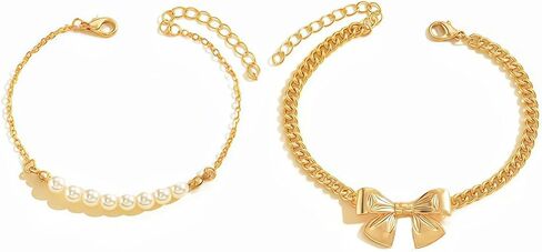 Pearl Bow Bracelet for Women Gold Stack Faux Pearl Beaded Bracelet Adjustable Chunky Bow Knot Link Bracelet Small Ball Charm Bracelet Statement Trendy Jewelry in Kuwait