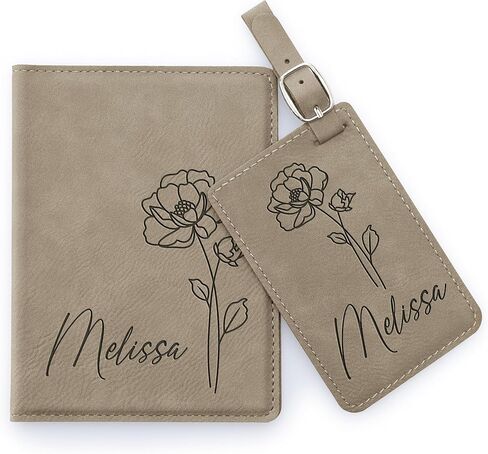 Personalized Leather Passport Cover Holder and Luggage Tag Set for Women with Flower Birth and Name, Custom Engraved Passport Cover Suitcase Tag with Name | Teal in Kuwait