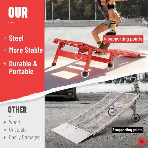 Jump Ramp Foldable Portable Skateboard Powder Coated Steel Launch Ramp for Pros & Beginners Compatible with BMX MTB RC Car Stunt Scooter Inline Quad Skates Heavy Duty 300 lbs Red in Saudi Arabia